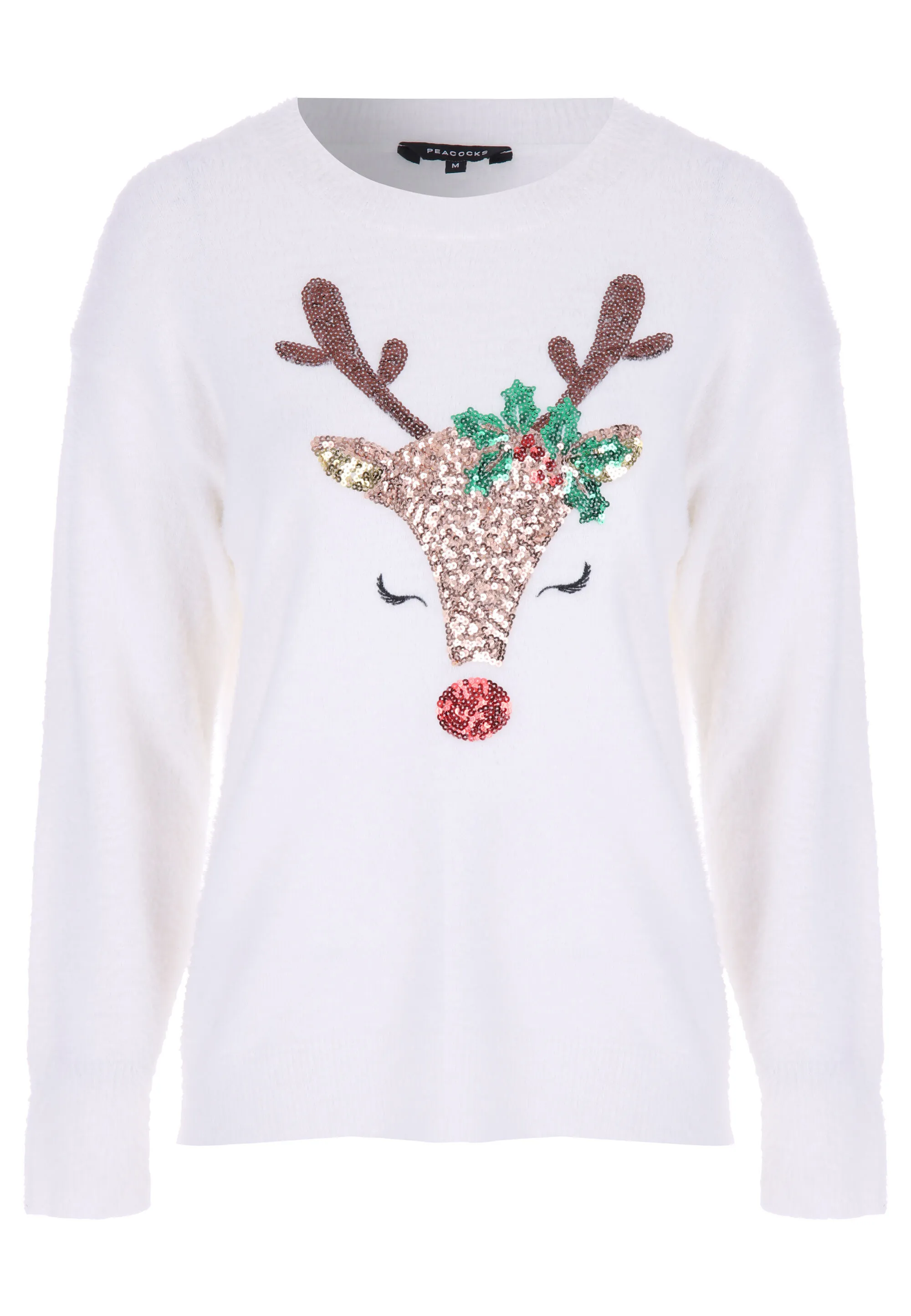 Womens White Sequin Reindeer Lash Knit Jumper