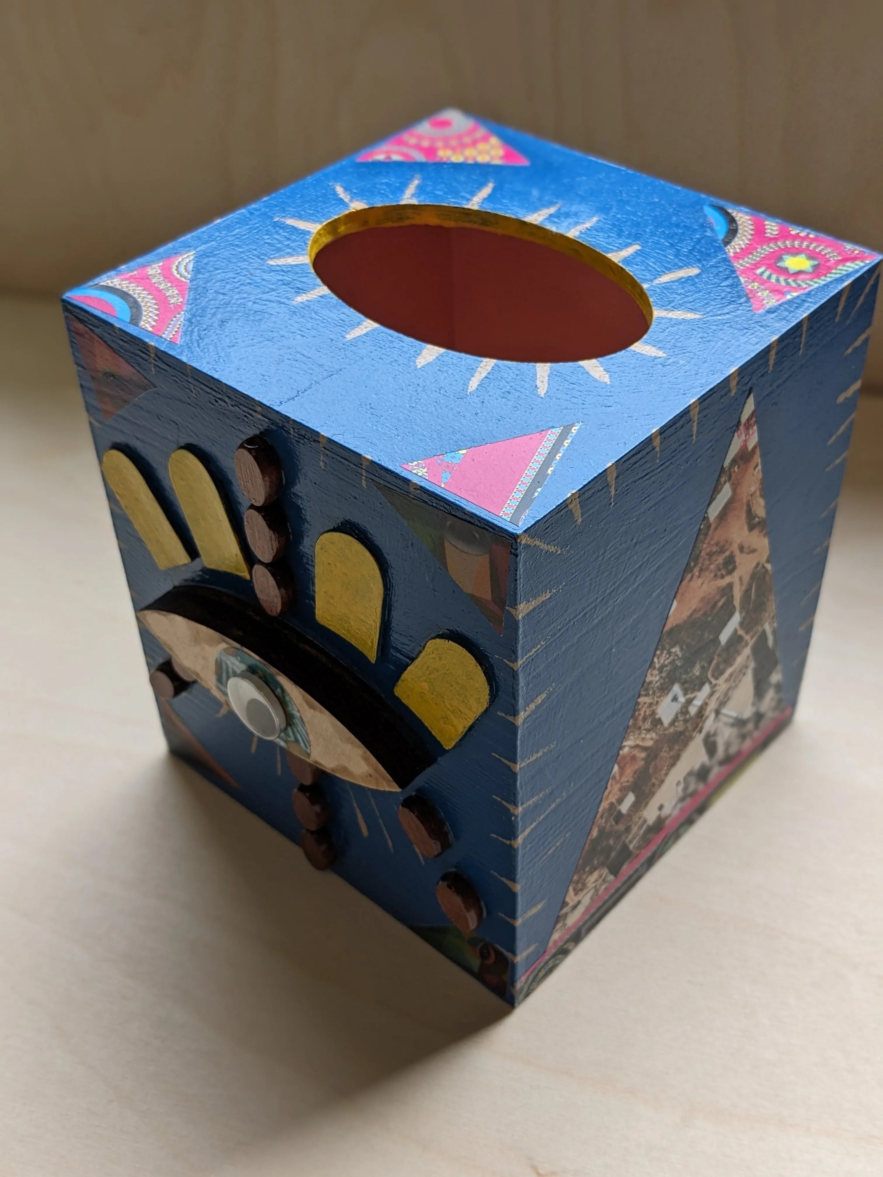 Wood painted mixed media tissue box- Blue mood mosaic eye