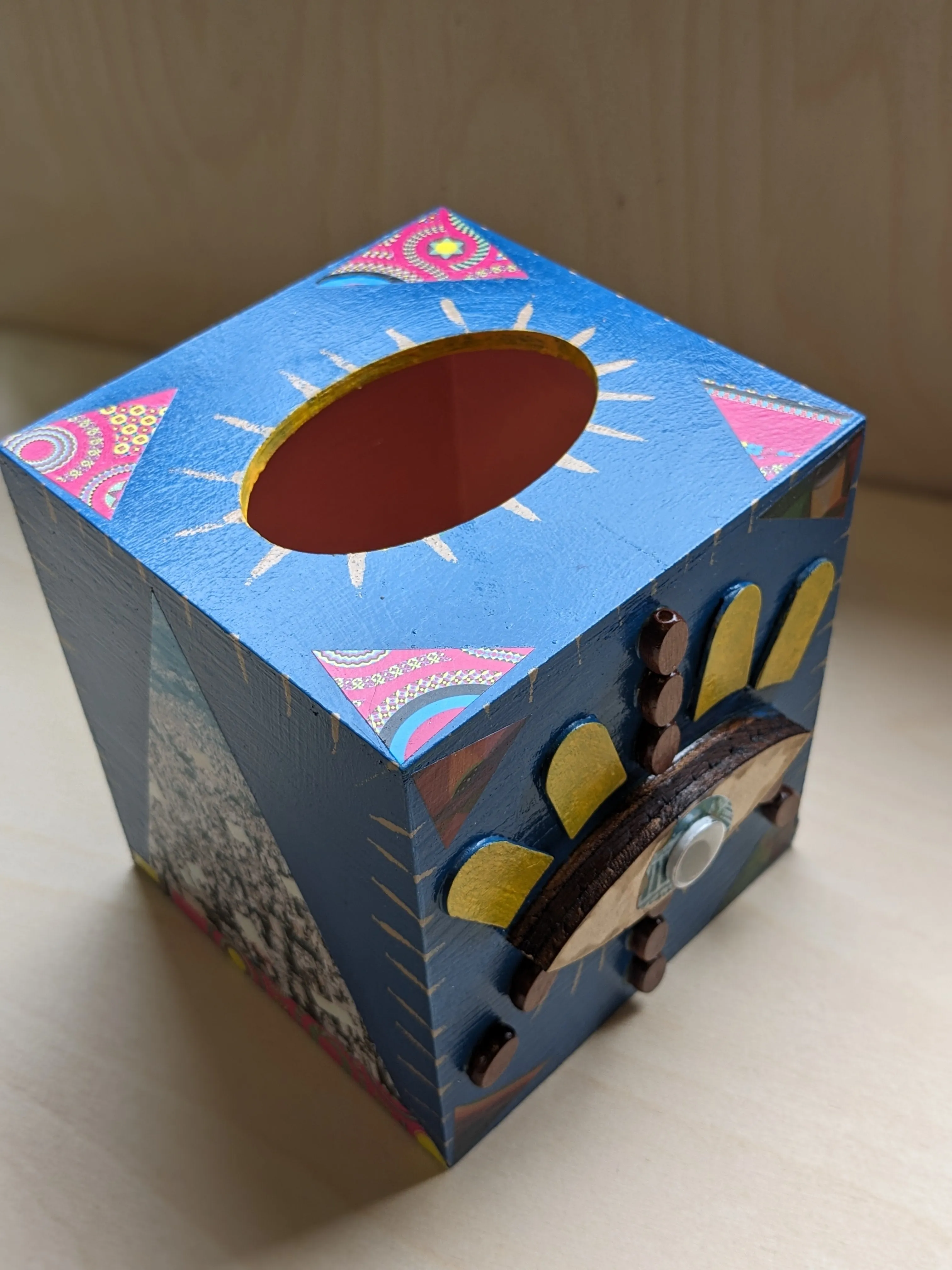 Wood painted mixed media tissue box- Blue mood mosaic eye