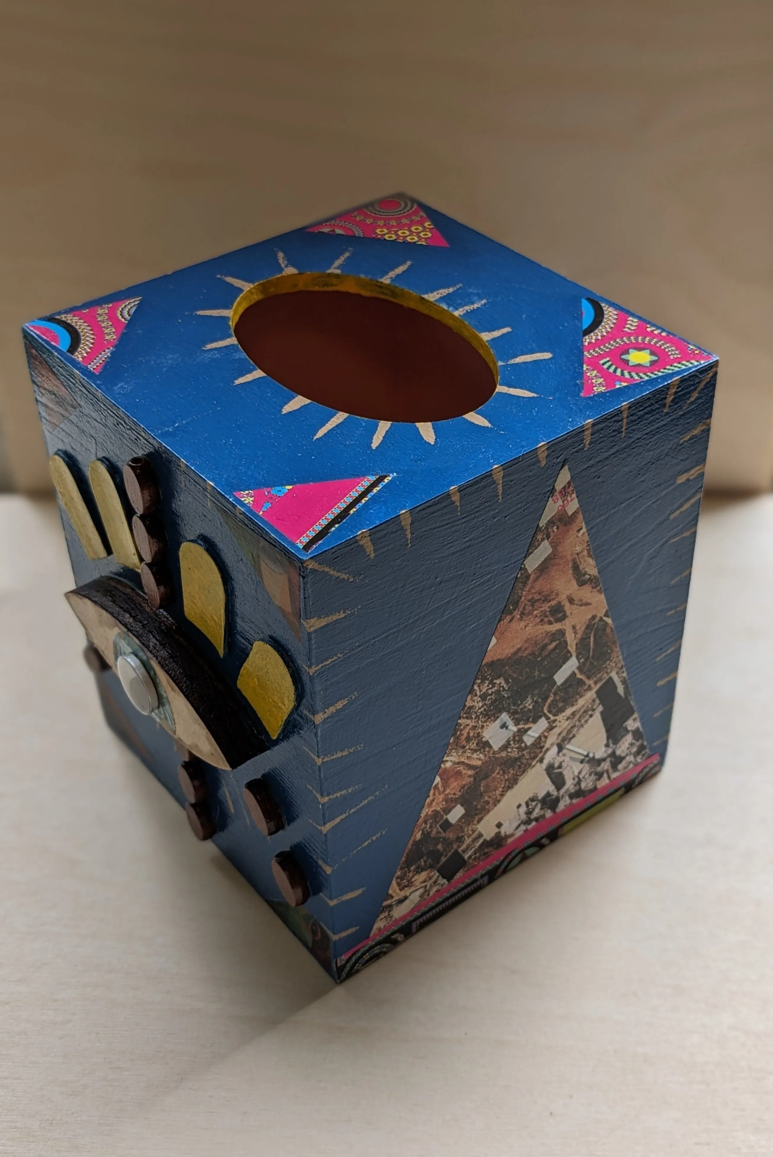 Wood painted mixed media tissue box- Blue mood mosaic eye