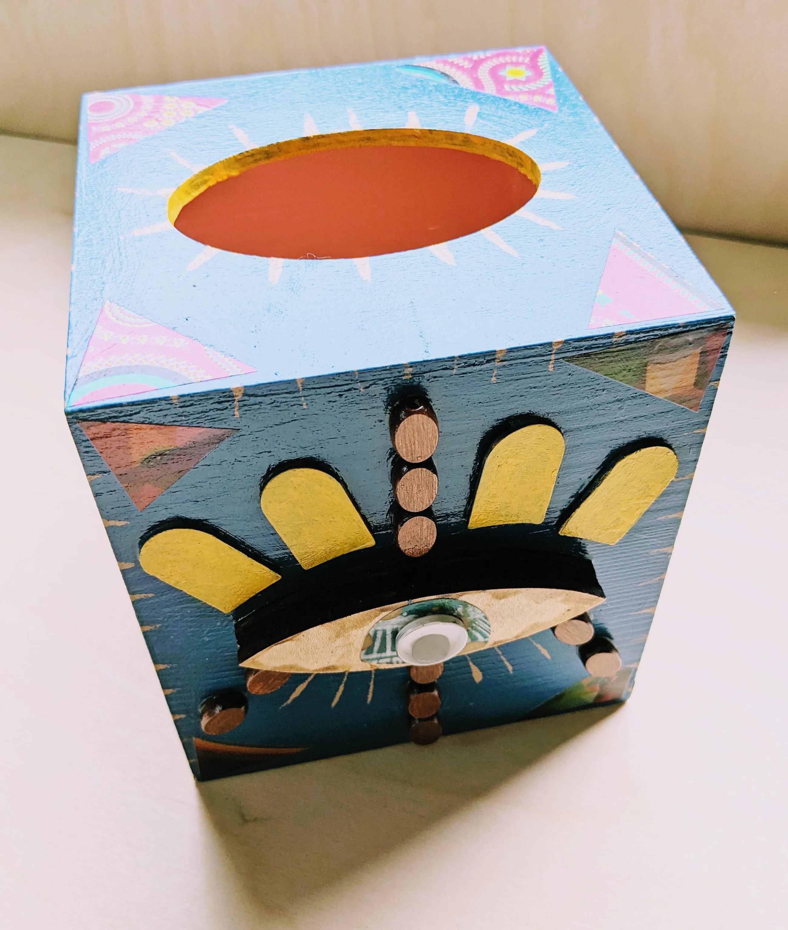 Wood painted mixed media tissue box- Blue mood mosaic eye