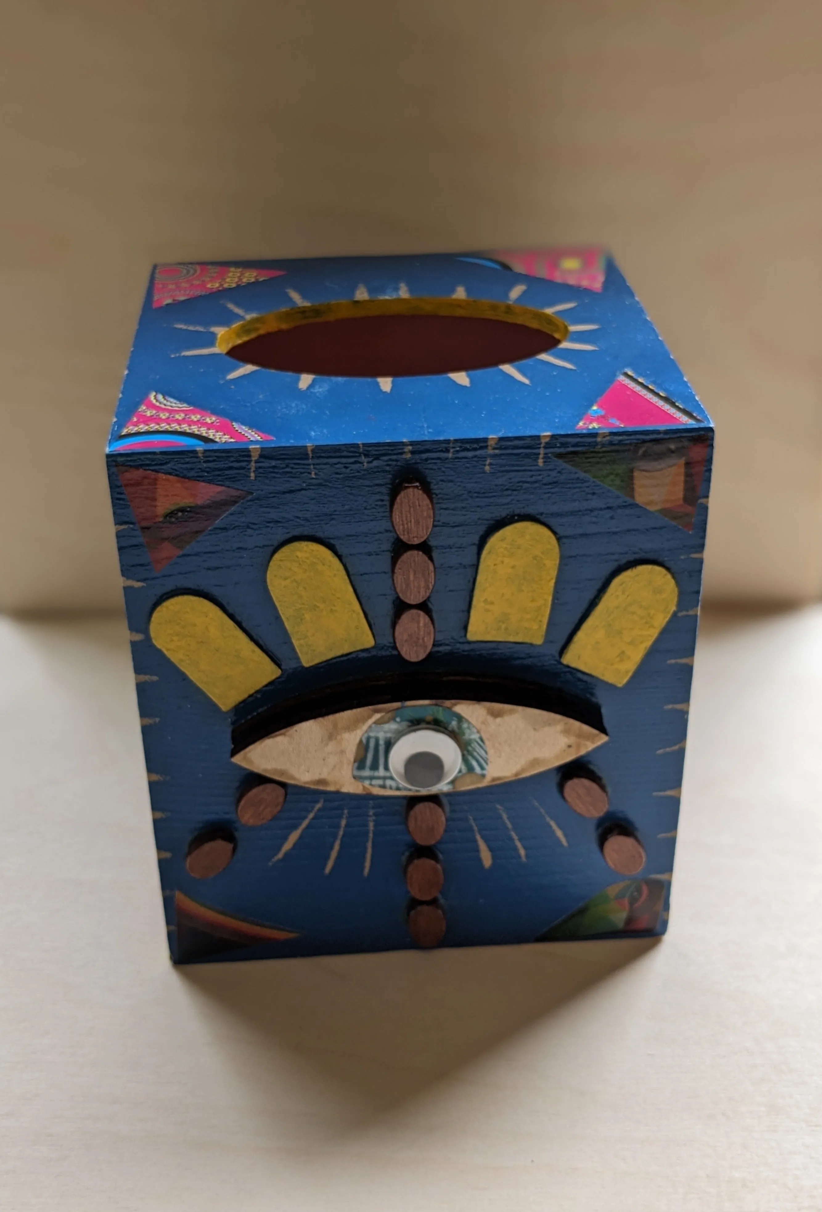 Wood painted mixed media tissue box- Blue mood mosaic eye