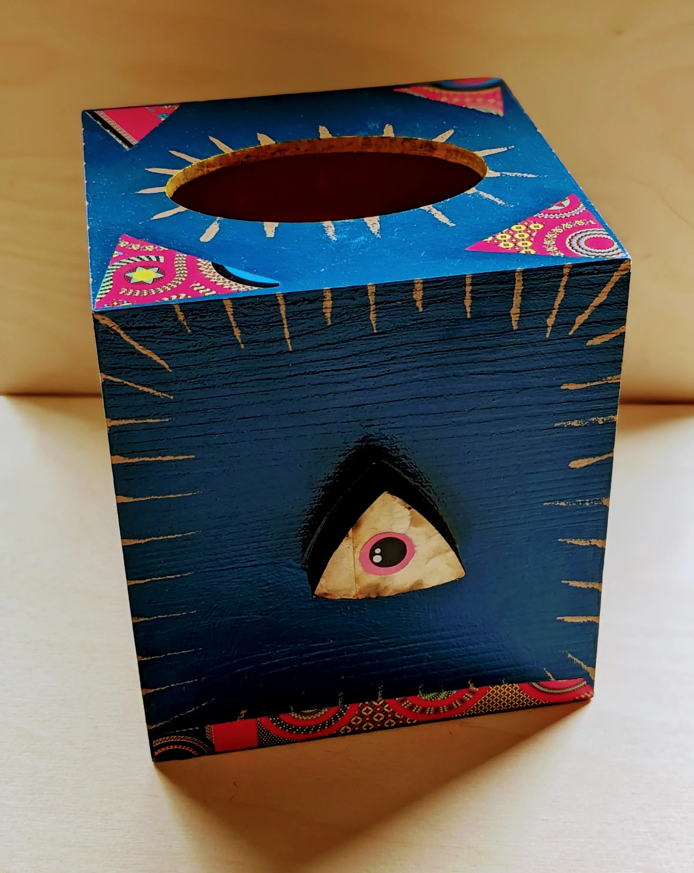 Wood painted mixed media tissue box- Blue mood mosaic eye