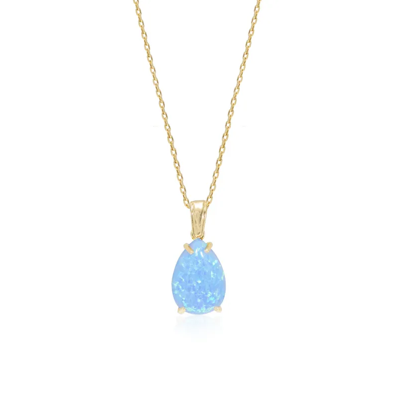 Yellow Gold Plated  Teardrop Blue Opal 7X10mm Pendant