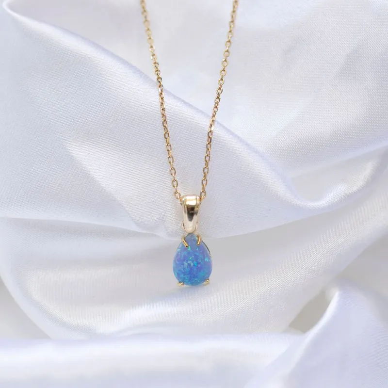 Yellow Gold Plated  Teardrop Blue Opal 7X10mm Pendant