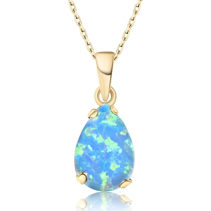 Yellow Gold Plated  Teardrop Blue Opal 7X10mm Pendant