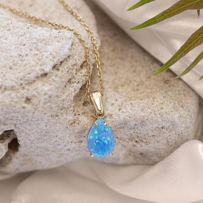 Yellow Gold Plated  Teardrop Blue Opal 7X10mm Pendant